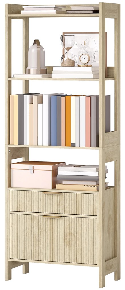 HOMCOM Bibliotecă înaltă, corp de depozitare cu 4 rafturi deschise și 2 sertare canelate, 60 x 30 x 160 cm, lemn natural | Aosom Romania