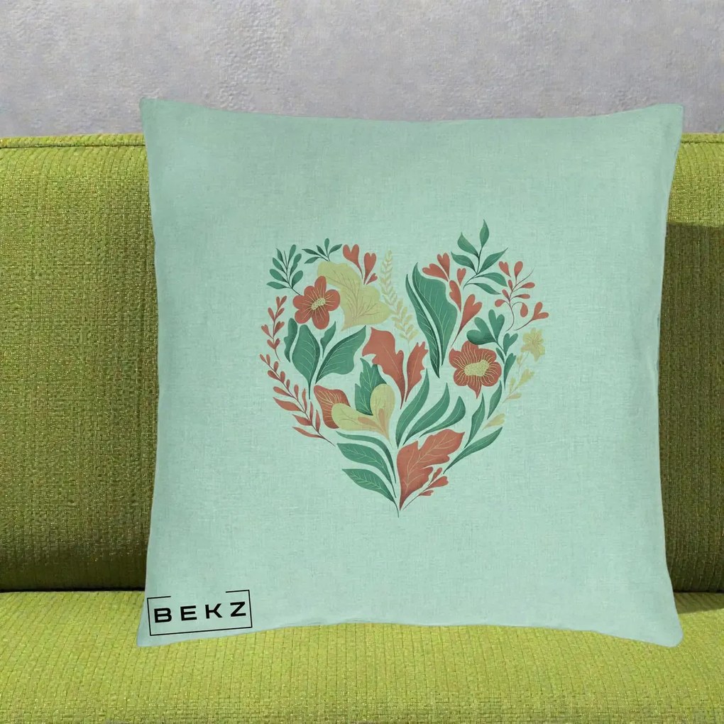 Perna Decorativa Inima Florala Botanica, 40x40 cm, Verde Menta, Husa Detasabila, Perna Inclusa, BEKZ®