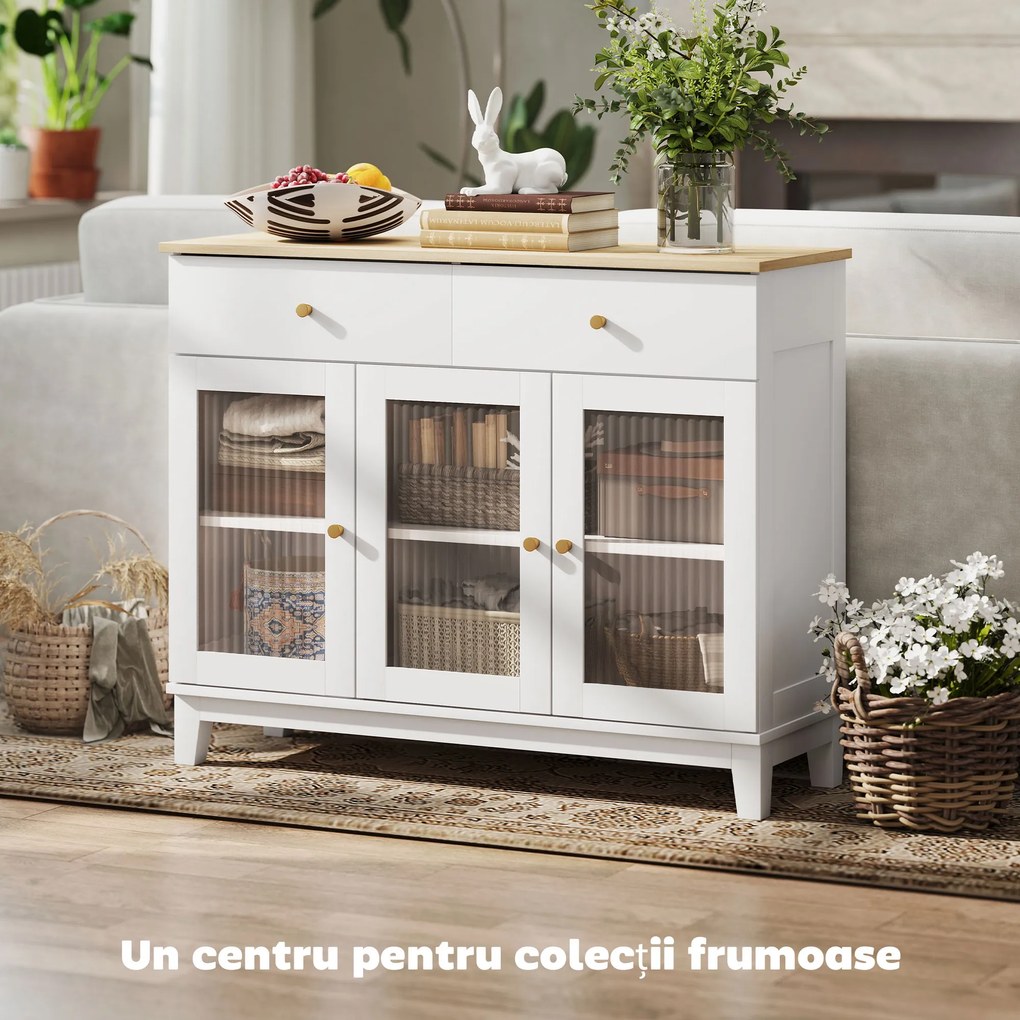 HOMCOM Bufet Bucătărie cu 2 Dulapuri și 2 Sertare, Uși din Sticlă Securizată Canelată, Bufet Sufragerie cu Rafturi Ajustabile, pentru Living sau Sufragerie, 100x35x80.3 cm, Alb și Stejar | Aosom Romania