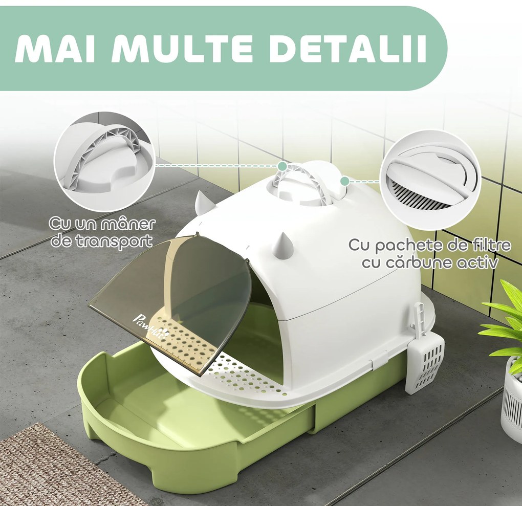 PawHut Litieră cu Capac, Tavă pentru Nisip tip Sertar cu Filtru de Carbon și Lopățică, 40,5x52x39 cm, Gri | Aosom Romania