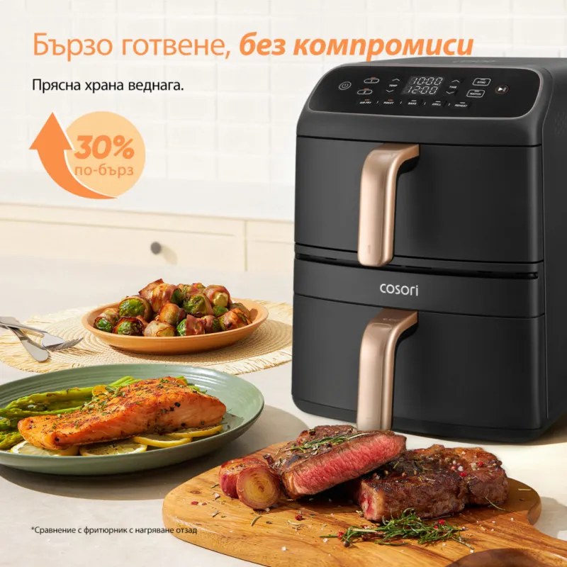 Friteuză cu aer cald Cosori Turbo Tower Compact CAF-DC861, 2630 W, 2 x 4,3 l, 40-230 °C, 5 programe, acoperire ceramică, sincronizare, negru/aur roz