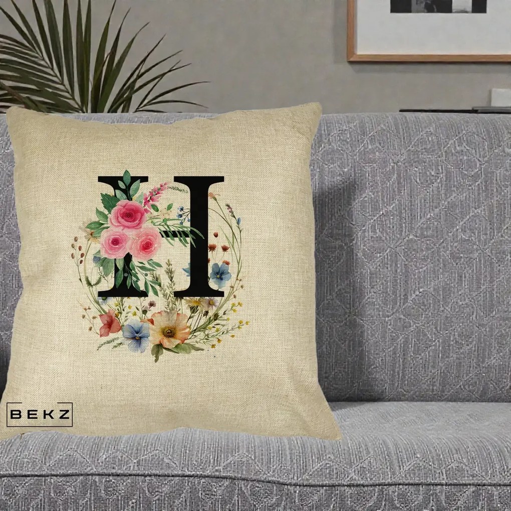 Cadou Personalizat - Perna Personalizata Monogram Litera H cu Flori Acuarela, 40x40 cm, Crem, Husa Detasabila, Perna Inclusa, BEKZ®