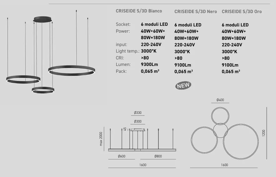 Lustra LED circulara cu 3 inele 80/60/40cm CRISEIDE, alb, negru sau auriu
