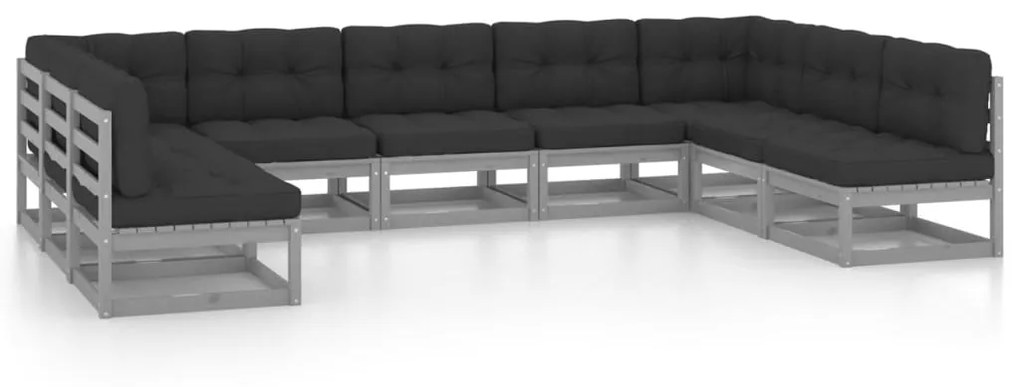 3077196 vidaXL Set mobilier grădină cu perne, 9 piese, gri, lemn masiv de pin