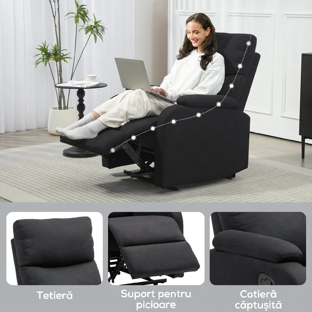 HOMCOM Fotoliu Recliner din In cu Suport Reglabil pentru Picioare, 69x91,5x103 cm, Negru | Aosom Romania