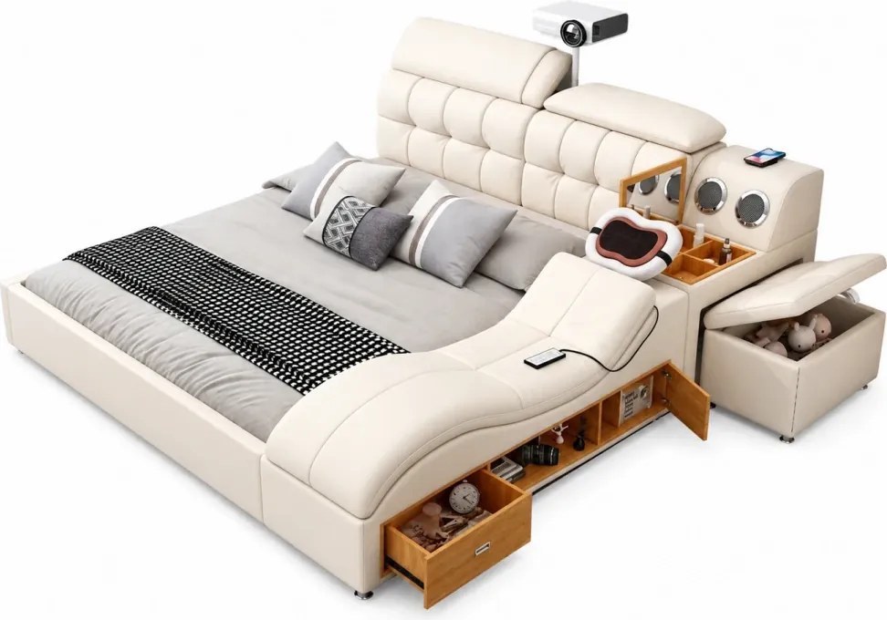MOBLUX99 Utility 160x200 cm Beige Left Chaise – Pat Inteligent Premium cu Proiector, Vibromasaj, Boxe Bluetooth, Încărcare Wireless și Spații Multiple de Depozitare
