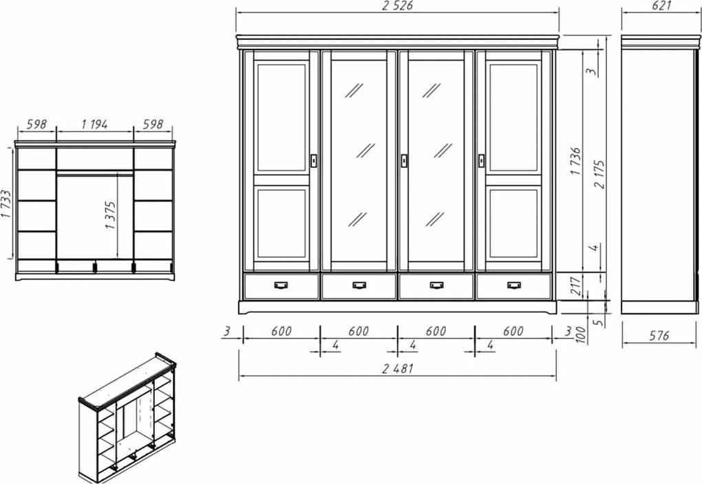 Dulap lemn masiv alb Florence, 253 × 62 × 218 cm