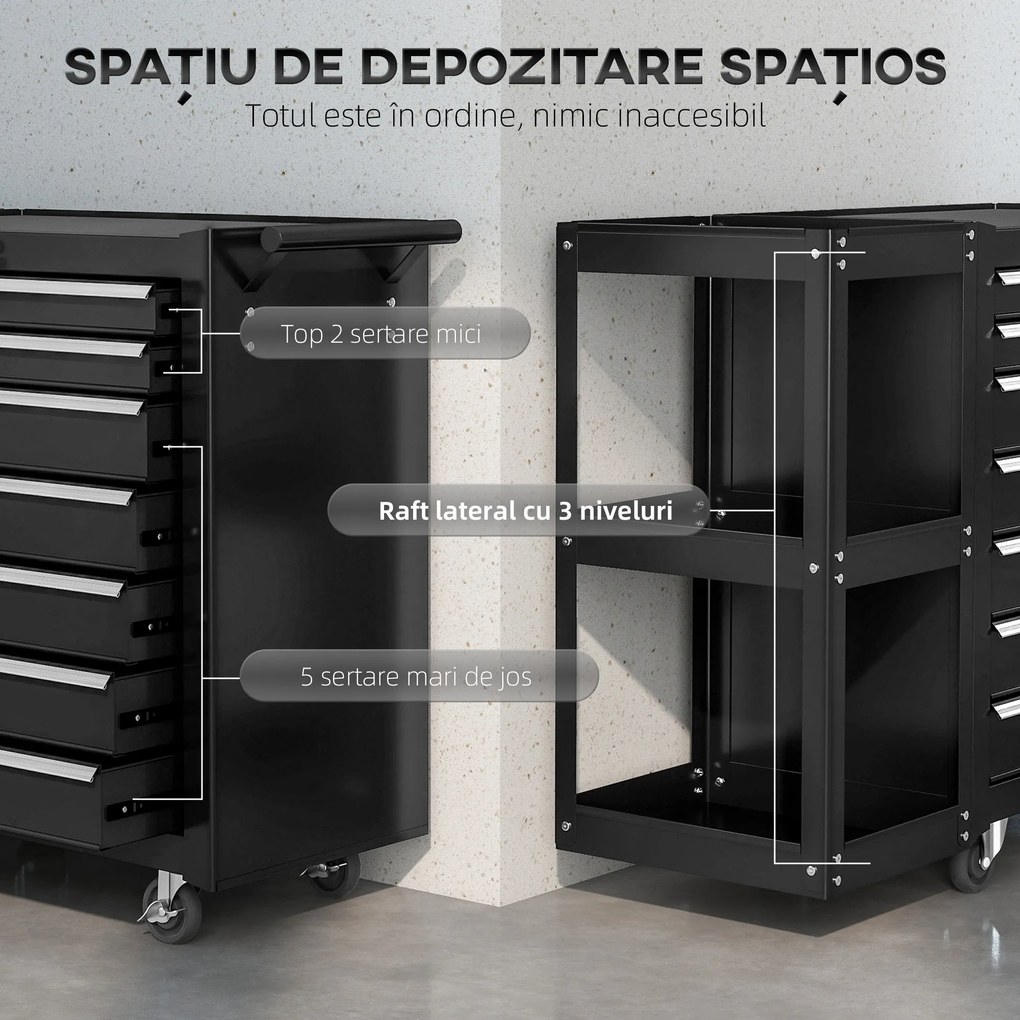 HOMCOM Cărucior pentru Unelte din Oțel cu 7 Sertare, Poliță Laterală Detașabilă, Roți, Capacitate 120kg, Negru | Aosom Romania