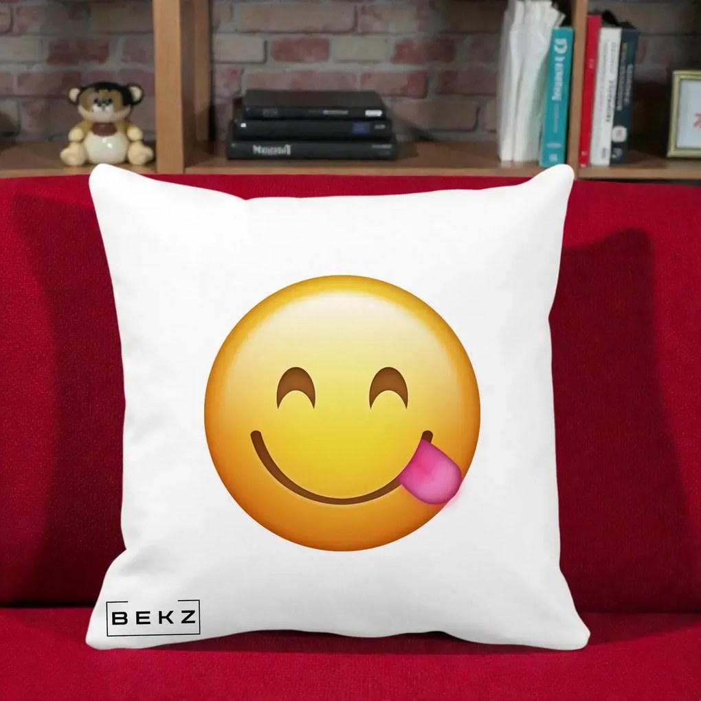 Perna Decorativa Emoji Limba Scoasa, 40x40 cm, Alba Mata, Husa Detasabila, Perna Inclusa, BEKZ®