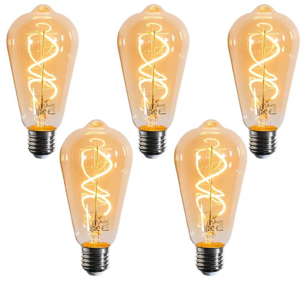 Set de 5 becuri LED E27 cu filament spiralat, dimabile, ST64, aurii, 4W 270LM 2100K
