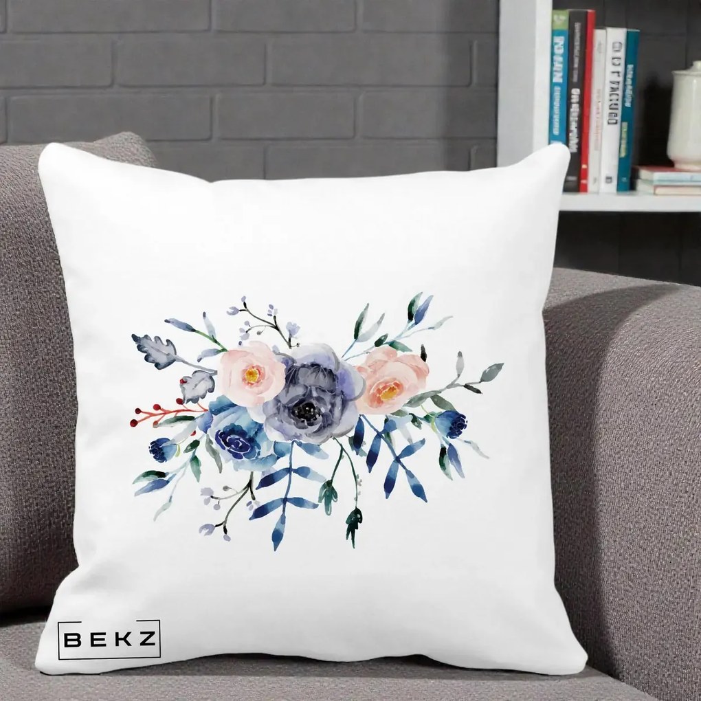 Perna Decorativa Buchet Flori Albastre Acuarela, 40x40 cm, Alba Mata, Husa Detasabila, Perna Inclusa, BEKZ®