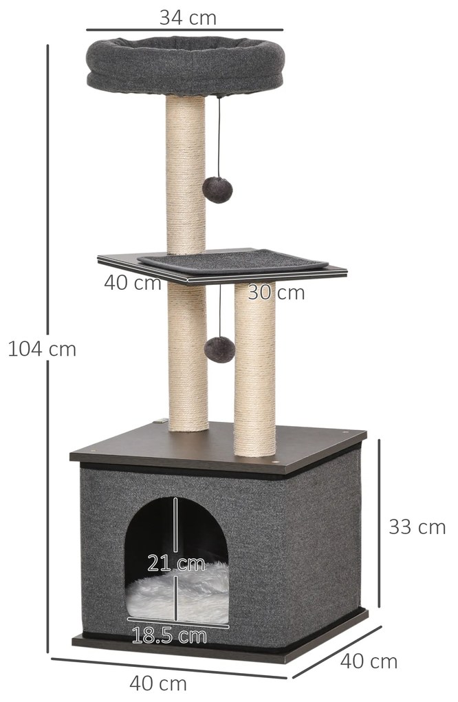 PawHut Arbore de Zgâriat pentru Pisici, 104 cm, Cușcă, Pătuț, Stâlpi din Sisal, Perne Lavabile, Gri | Aosom Romania