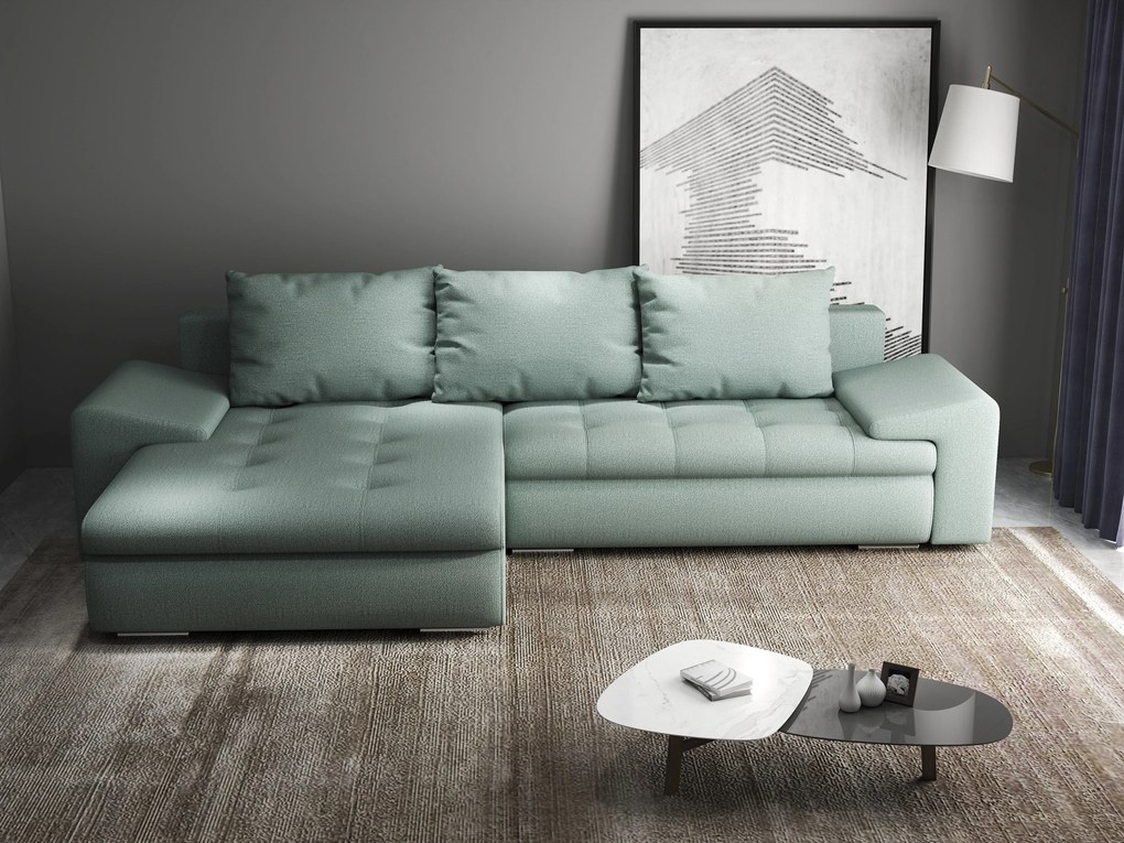 Colțar extensibil dumonde cu ladă de depozitare si sezut confortabil din spuma high-density, Leonardo Enjoy Mint 260x185 cm