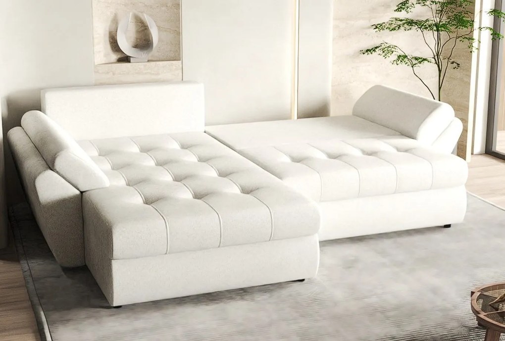 Colțar extensibil dumonde cu ladă de depozitare si sezut confortabil din spuma high-density, Loana Euphoria Ivory 270x185 cm