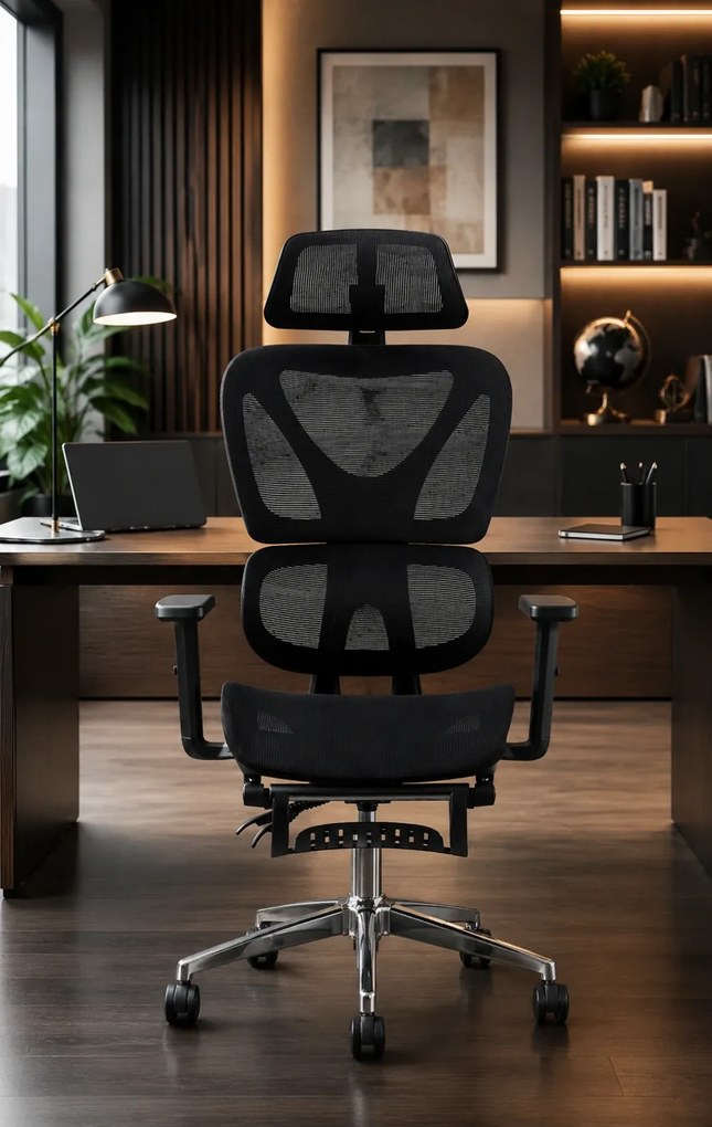 RIGACHAIR Scaun ergonomic, cotiere 2D, tetiera 2D, recliner 155°, suport picioare, Full Mesh, Negru