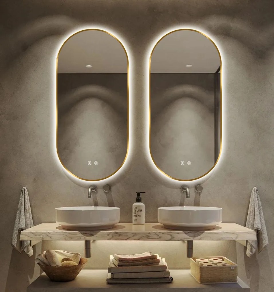 Oglindă LED Touch Premium, Dezaburire, Rama Auriu, 3 Tipuri Lumină 50/100 cm