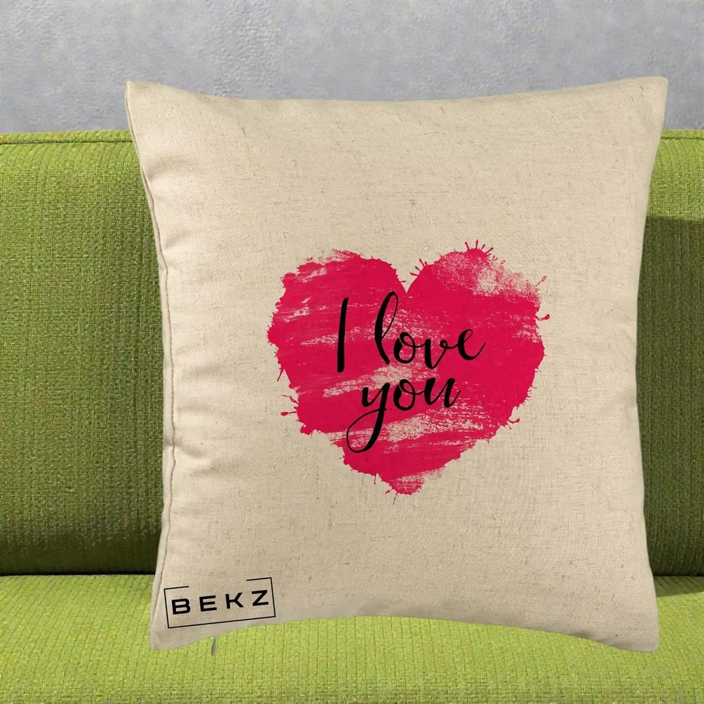 Cadou Romantic - Perna Personalizata I Love You Inima Roz, 40x40 cm, Bej, Husa Detasabila, Perna Inclusa, BEKZ®