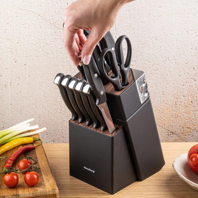Set cuțite Klausberg KB 7985, 13 piese, Oțel inoxidabil, Mâner + ascuțitor, Negru