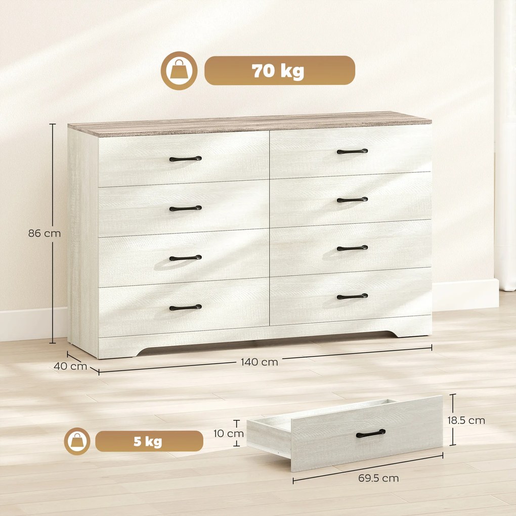 HOMCOM Comodă cu 8 Sertare pentru Dormitor, Modernă, cu Mânere, Spațioasă pentru Sufragerie, Cameră și Hol, 140x40x86 cm, Nuc și Gri Deschis | Aosom Romania