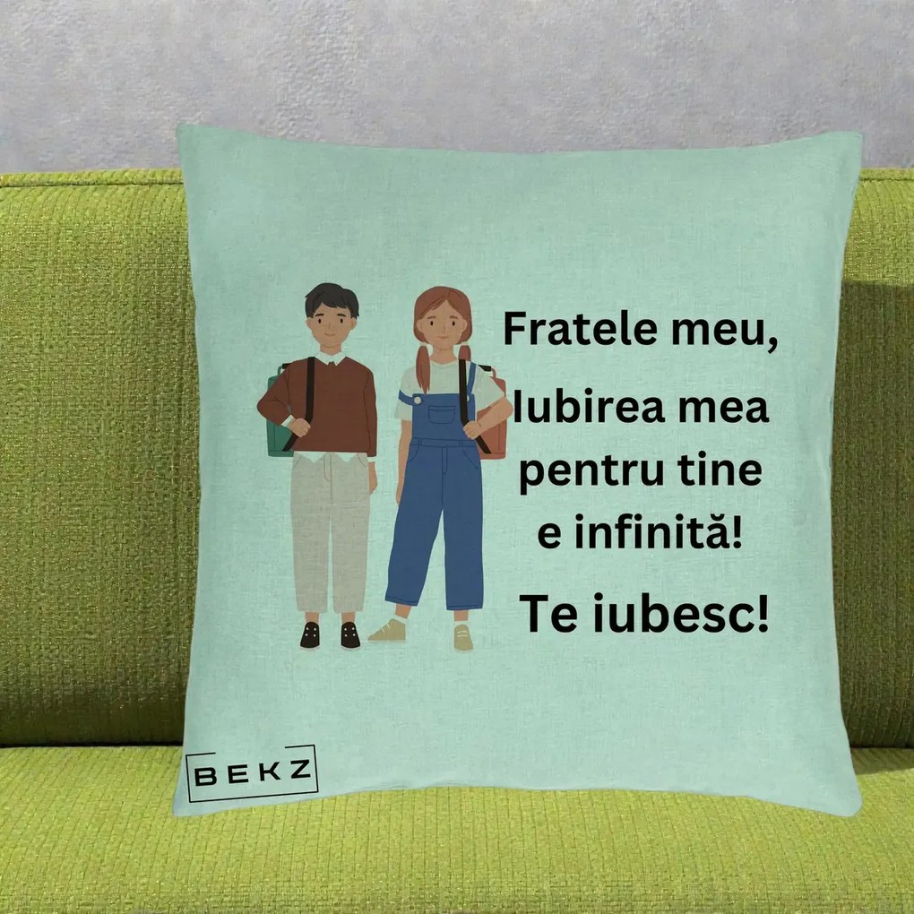 Cadou pentru Frate - Perna Personalizata Fratele Meu Te Iubesc Elevi Ilustratie Colorata, 40x40 cm, Verde Menta, Husa Detasabila, Perna Inclusa, BEKZ®