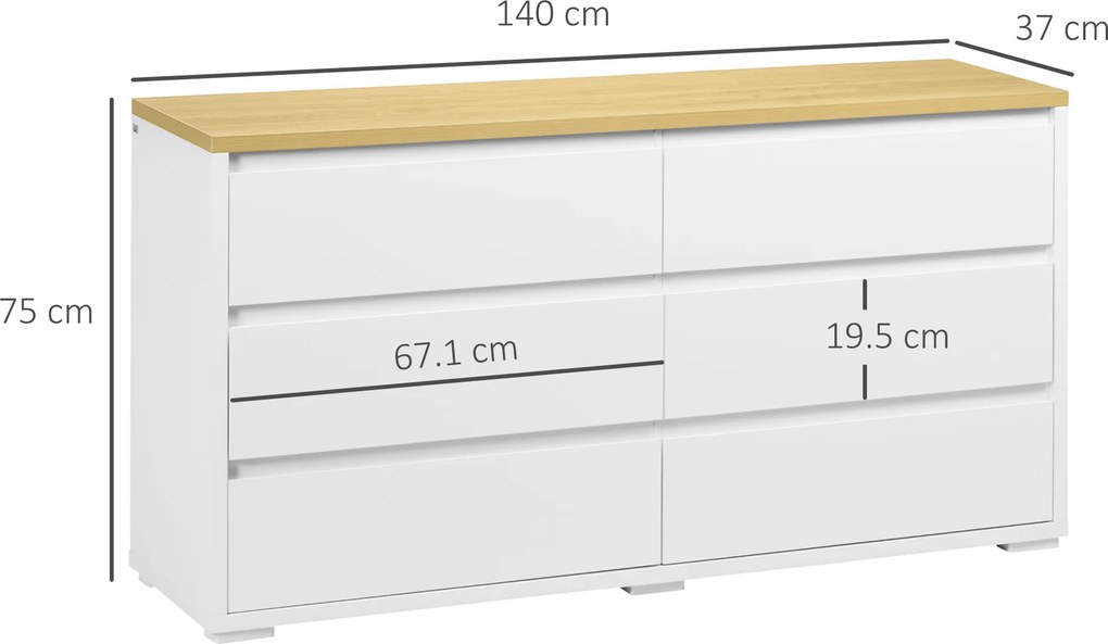 HOMCOM Comodă Depozitare, 6 Sertare, Mobilier Dormitor/Cameră de Zi, Alb/Lemn Natural | Aosom Romania