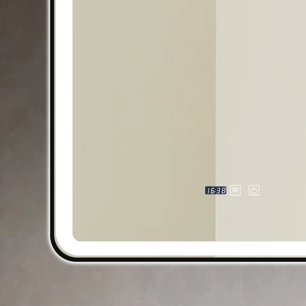 Oglindă Baie LED și Dezaburire Elit's Premium cu Senzor Touch, Lumina Rece, Caldă și Neutră, 60x90cm, cu rama Negru Antichizat, Ceas