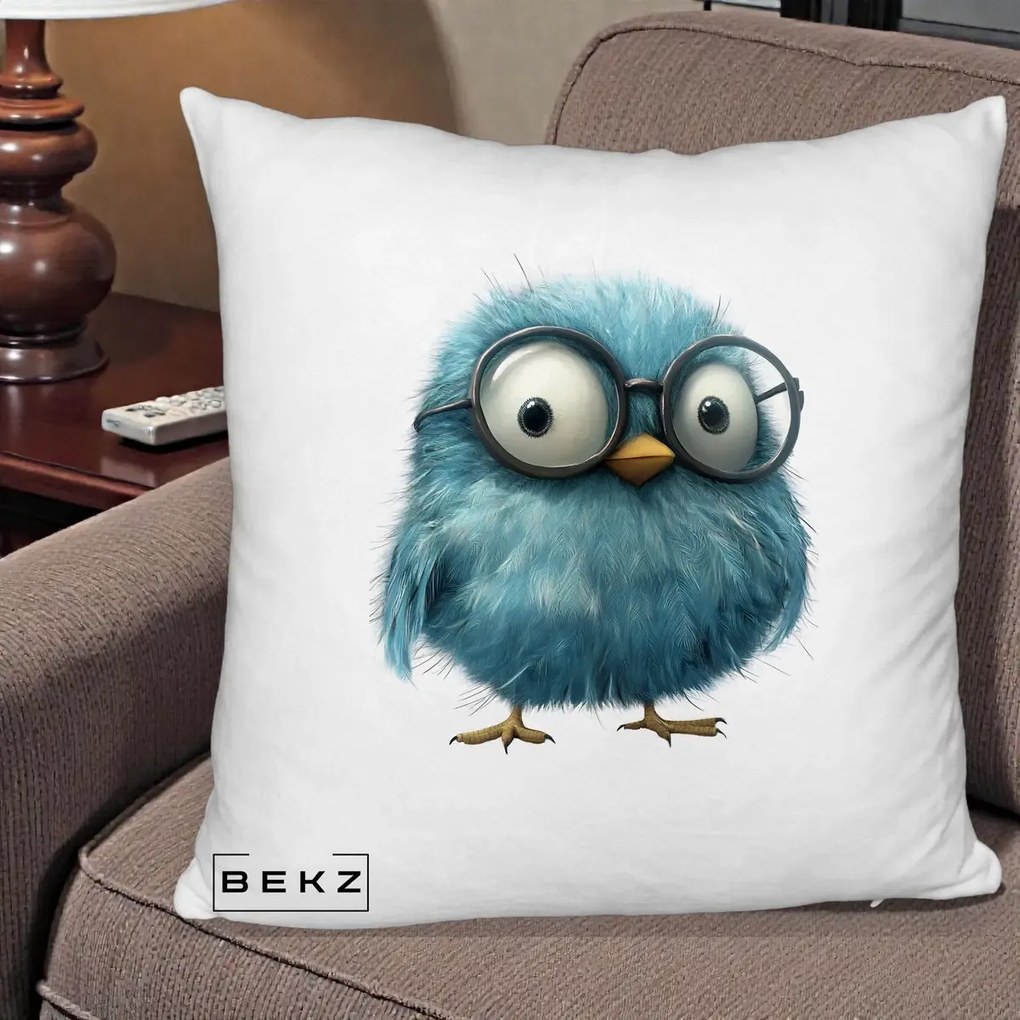 Perna Decorativa Pui Pufos Teal cu Ochelari, 40x40 cm, Alb Pufos, Husa Detasabila, Perna Inclusa, BEKZ®