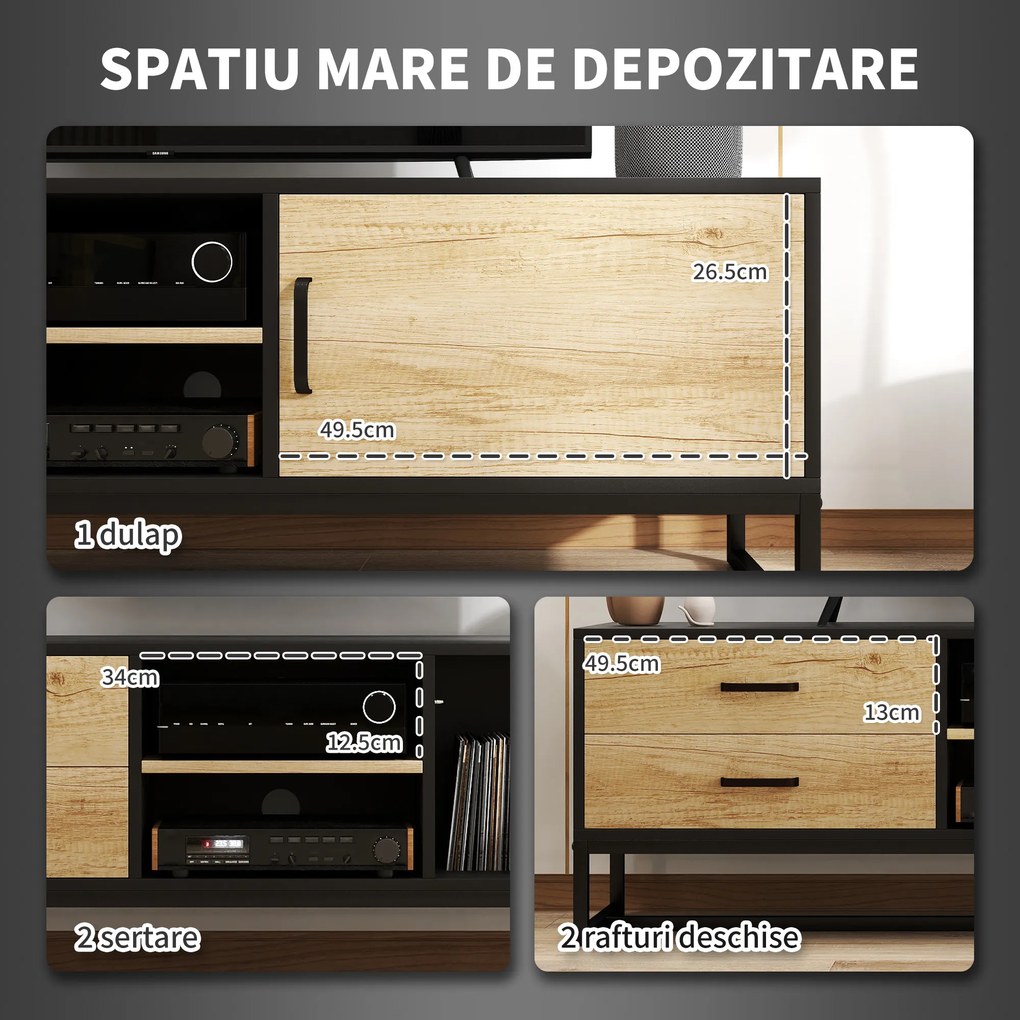 HOMCOM Mobilier pentru TV de 60" cu Dulăpior, 2 Sertare și Rafturi Deschise Reglabile, 140x35x45 cm, Lemn Natural | Aosom Romania