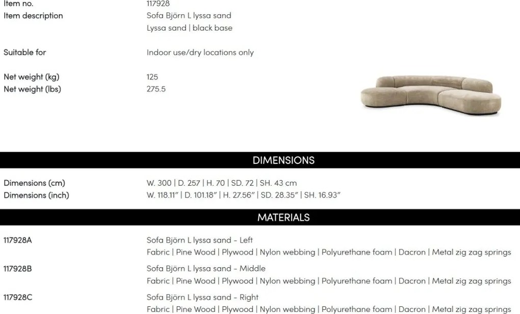 Canapea design modern Bjorn L, Lyssa sand