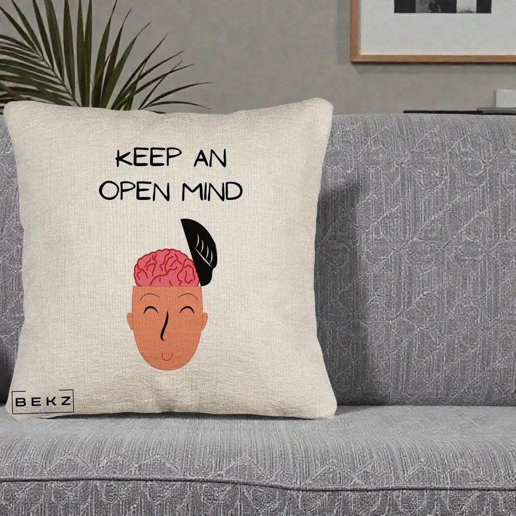 Perna Decorativa Keep An Open Mind, 40x40 cm, Bej Canapea, Husa Detasabila, Perna Inclusa, BEKZ®