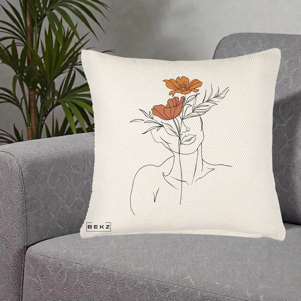 Perna Decorativa Portret Feminin Doua Flori, 40x40 cm, Crem Reliefat, Husa Detasabila, Perna Inclusa, BEKZ®
