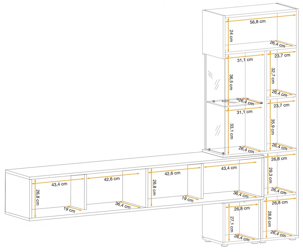 Mobila living moderna, albastru inchis stejar natur, 210 cm lungime, usi deschidere push open prin apasare, Bortis