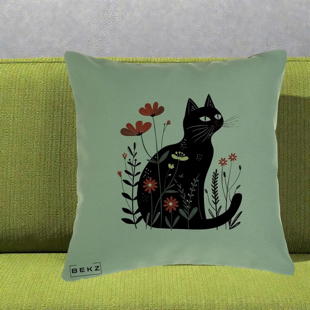 Perna Decorativa Pisica Neagra Flori Rosii Folk, 40x40 cm, Verde, Husa Detasabila, Perna Inclusa, BEKZ®