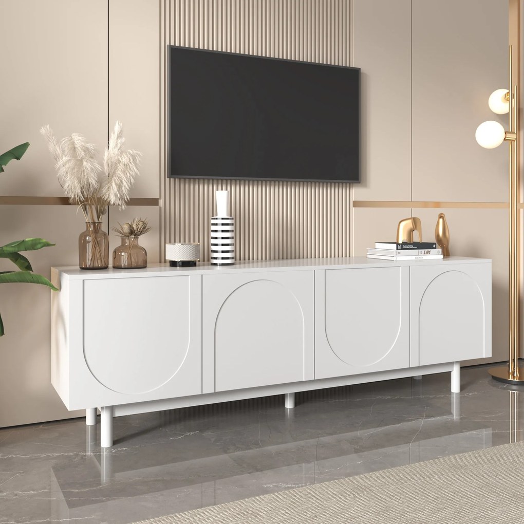 Comodă TV Elegant în Stil Luxos cu Uși Structurate și Rafturi Reglabile, 175x38x56 cm, Alb
