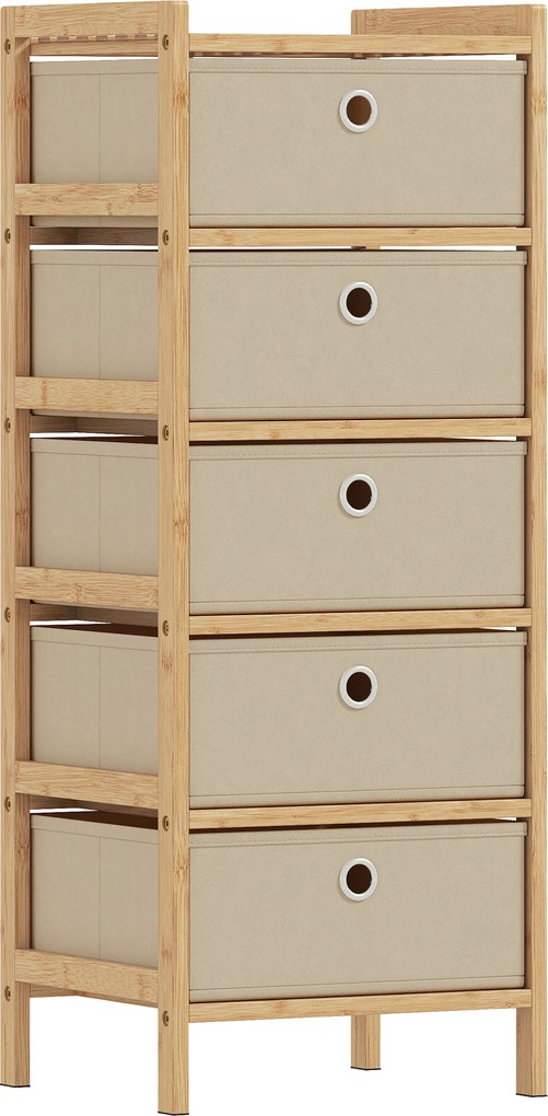 HOMCOM Comodă cu 5 sertare din material textil Cadru din bambus Comodă pentru spații mici Crem și natural | Aosom Romania