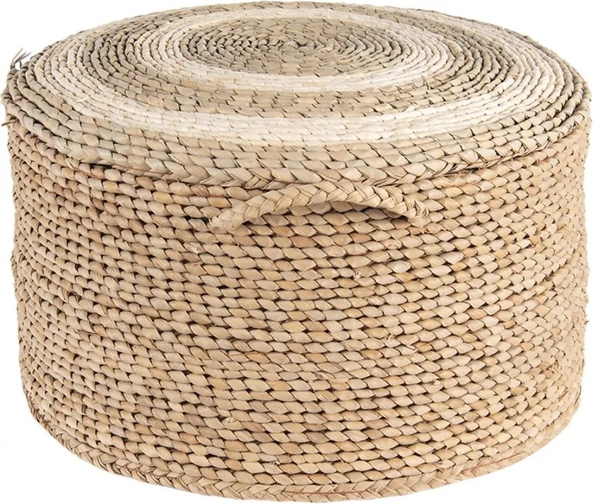 Puf rotund din paie, natur, cu cercuri deschise pe fața de sus și mâner împletit, 23 x Ø 40 cm, „Meule”