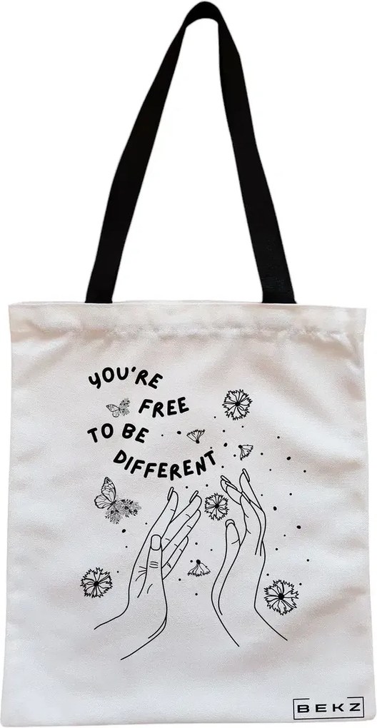 Sacosa de Panza pentru Cumparaturi, Geanta Tote, model You’re free to be different, Cu fermoar, 38x34.5 cm, Alba, BEKZ®