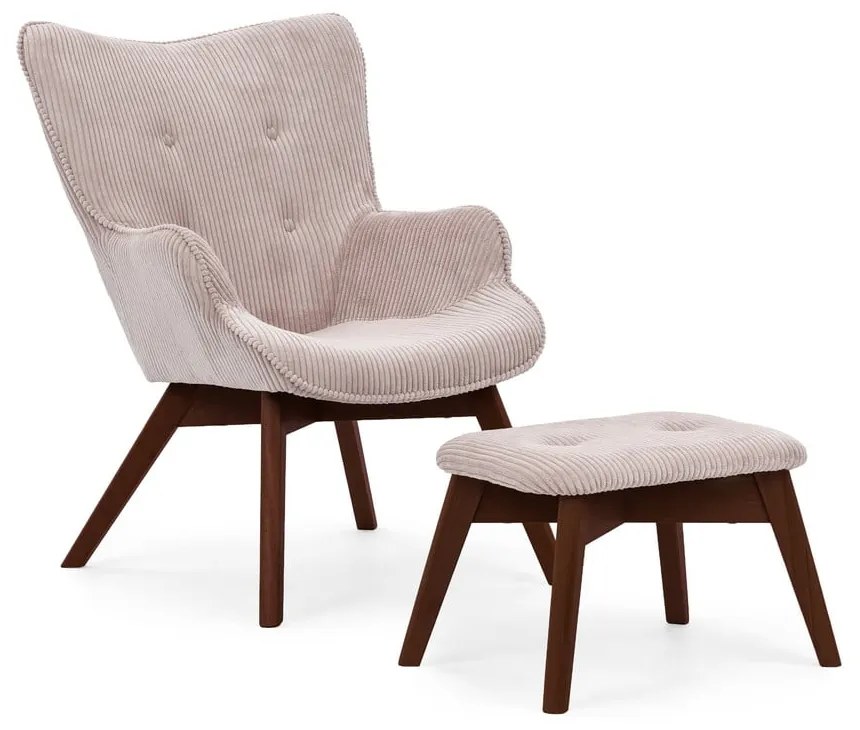 Fotoliu cu taburet roz deschis cu tapițerie din catifea reiată Niko – Ropez