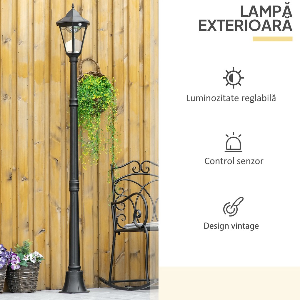 Outsunny Stâlp Solar de Grădină cu Lumină LED și Senzor de Mișcare, Negru | Aosom Romania