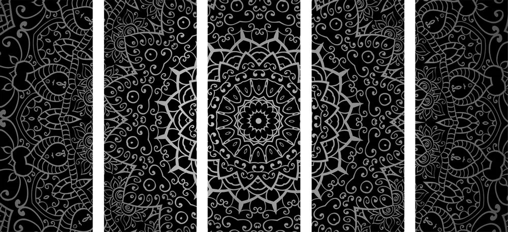 Tablou 5-piese Mandala vintage în stil indian în design alb-negru