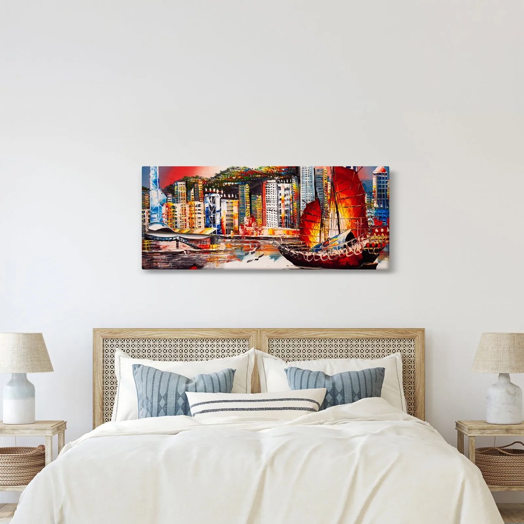 Tablou - Victoria Harbour, Hong Kong, pictură în ulei (120x50 cm)