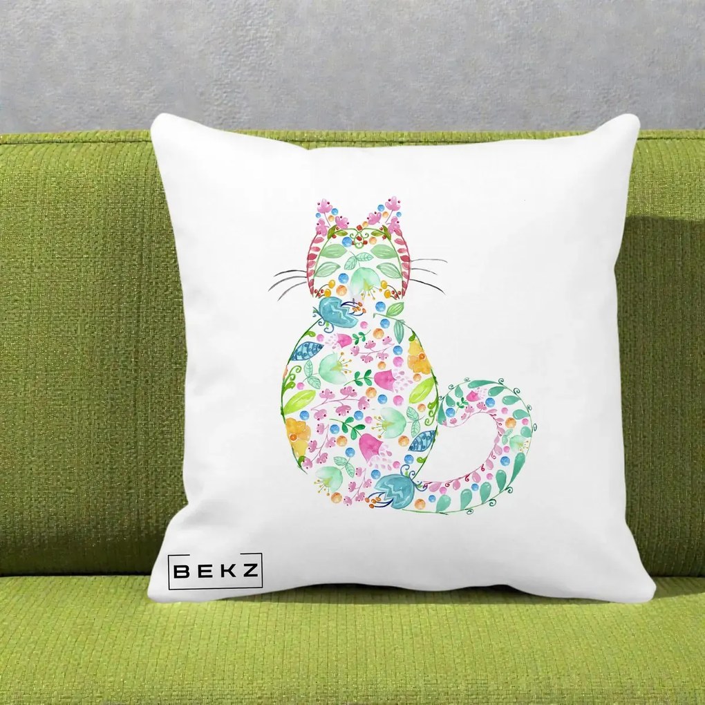 Perna Decorativa Pisica Florala Acuarela, 40x40 cm, Alba Mata, Husa Detasabila, Perna Inclusa, BEKZ®