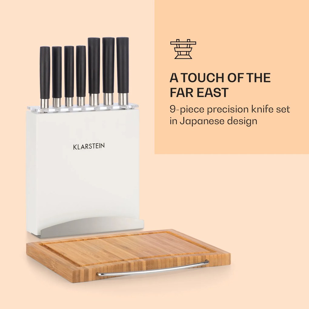 Klarstein Kitano Plus, Set de cuțite, set din 9 bucăți, suport din lemn, bucată din bambus pentru tăiere, albă