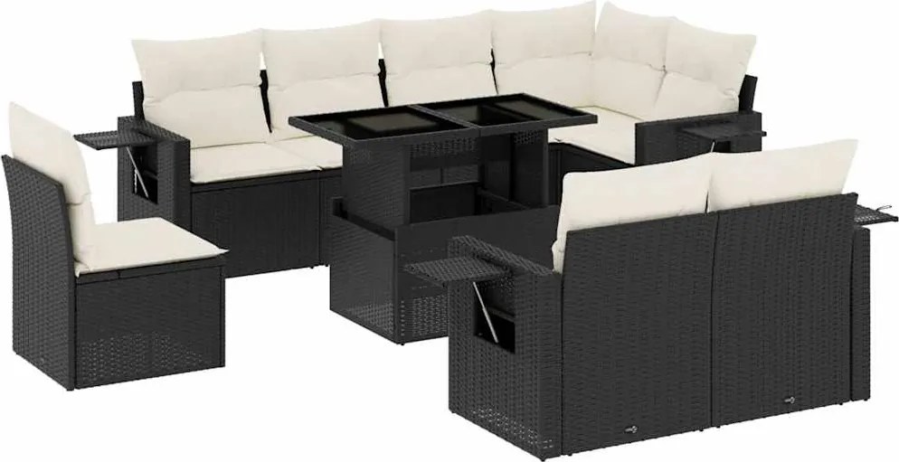 vidaXL Set mobilier de grădină cu perne, 9 piese, negru, poliratan