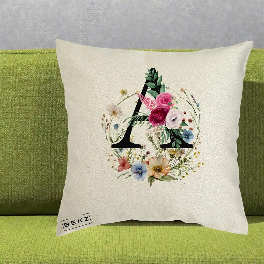 Cadou Personalizat - Perna Personalizata Monogram Litera A cu Flori Acuarela, 40x40 cm, Ecru, Husa Detasabila, Perna Inclusa, BEKZ®