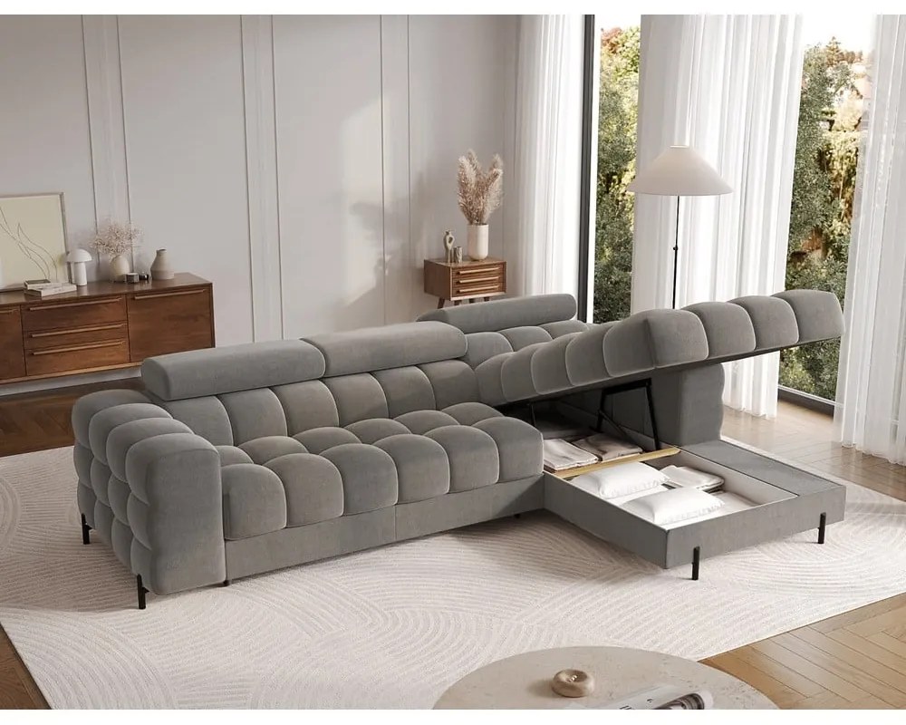 Colțar taupe extensibil/cu spațiu de depozitare cu tapițerie din catifea (cu colț pe partea dreaptă/cu șezlong) Felro – ELTAP