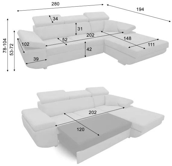 Colțar extensibil CASTELO în formă de L, cu spațiu de depozitare, cu șezlong pe partea dreaptă, bej
