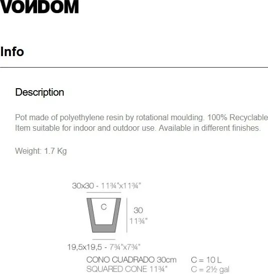 Ghiveci plante, flori design decorativ modern pentru amenajari interioare si exterioare, SQUARE CONE POT 41130R Vondom