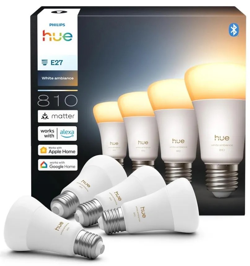 Set 4x becuri LED reglabile Philips Hue White Ambiance E27, 6W, 230V, 1000-20000K