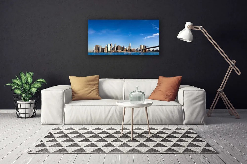 Tablou pe panza canvas Bridge City Case Gri Albastru Negru